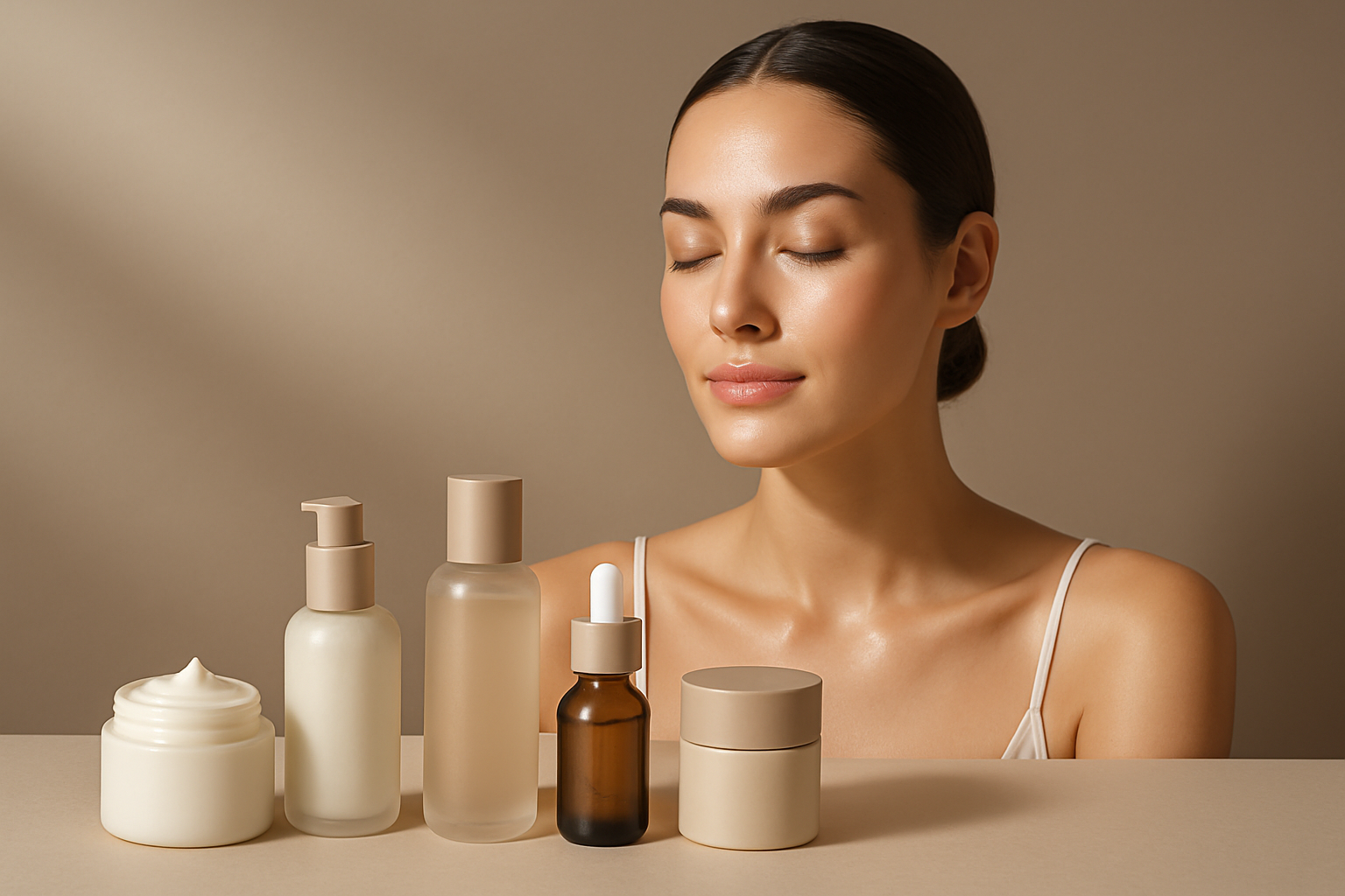 necesito una imagen de productos y una mujer que simbolisen el cuidado de la piel y que tenga colores neutros para que destaquen letras blancas sobre mas adelante